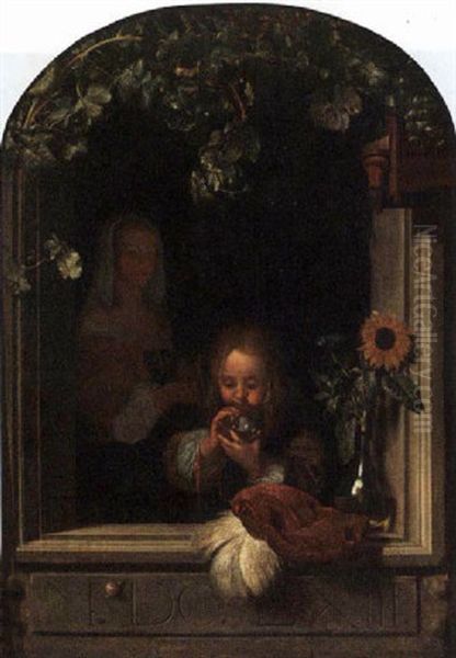 A Boy Blowing Bubbles In A Window With A Maid Standing Behind - view 1