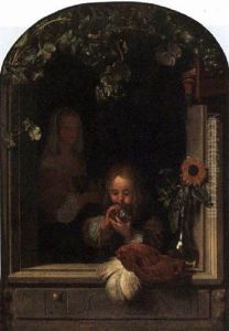 A Boy Blowing Bubbles In A Window With A Maid Standing Behind by Frans van Mieris