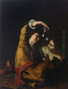 A Guard Holding An Upturned Roemer With A Serving Wench In A Tavern by Frans van Mieris