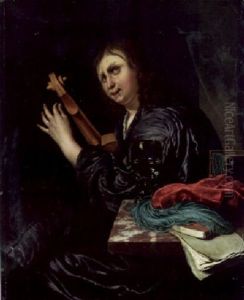 A Man Tuning A Violin In An Interior With A Roemer, A Hat And Books On A Table Beside Him A Man Tuning A Violin In An Interior With A Roemer, A Hat And Books On A Table Beside Him