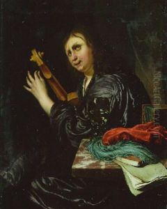 A Man Tuning A Violin In An Interior With A Roemer, His Hat And Books On A Table Beside Him by Frans van Mieris