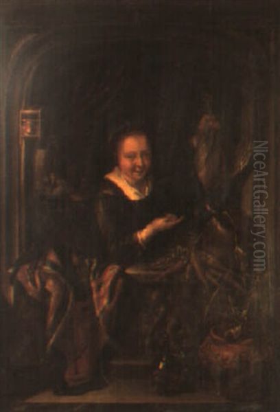 A Woman Standing At A Window Holding Dead Game - view 1