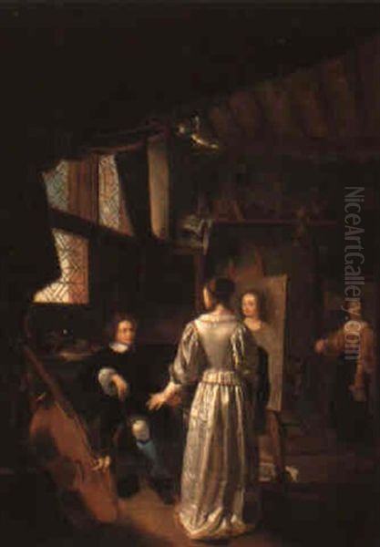 An Artist Seated At His Easel Discussing A Portrait With The Sitter - view 1