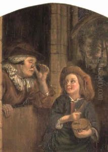 A Young Girl Beating A Drum Outside A Casment Window