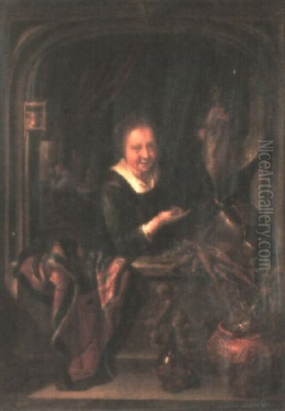 A Woman Standing At A Window Holding Dead Game - view 1