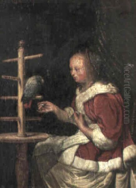 Lady Feeding A Parrot - view 1
