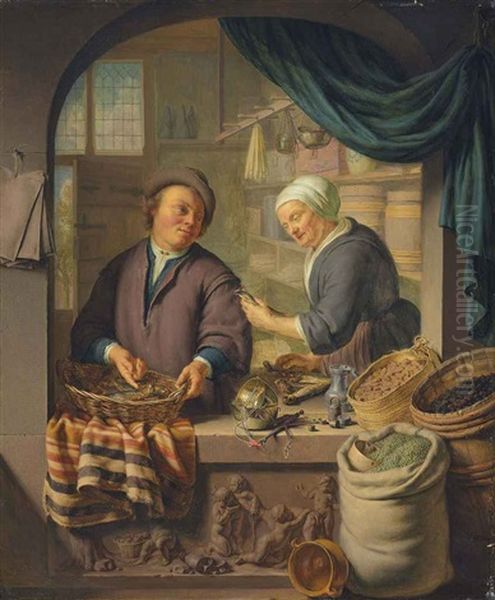 A Man And A Woman In A Grocer's Shop, With Fish In A Woven Basket And Scales On A Stone Ledge Sculpted With Putti, With A Basket Of Walnuts... - view 1