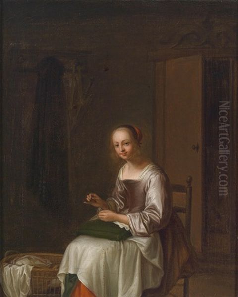 Interieur Mit Einer Jungen Frau Bei Der Naharbeit - view 1