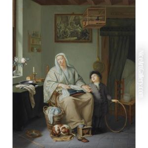 An Interior With A Woman Doing Needlework And A Young Boy With A Hoop by Frans van the Younger Mieris