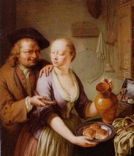 A Man Making Advances To A Maid In A Kitchen Interior - view 1