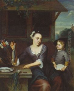 A Woman Selling Herrings To A Boy by Frans van the Younger Mieris