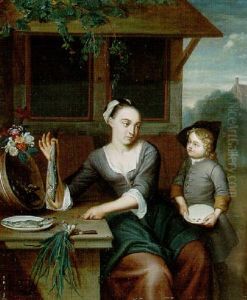 A Woman Selling Herrings To A Boy by Frans van the Younger Mieris