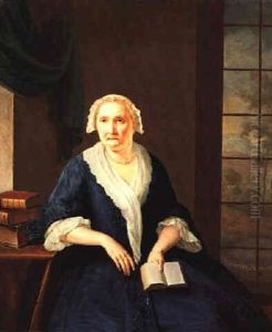 Portrait Of An Elderly Lady, Seated Three-quarter Length, Beside A Table With A Collection Of Books, Wearing A Sapphire Blue Dress And Holding An Open Book