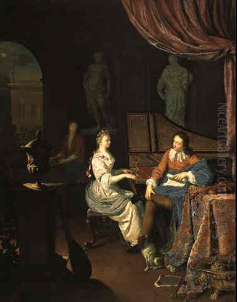 A Woman Playing The Harpsichord With A Man Seated Nearby - view 1