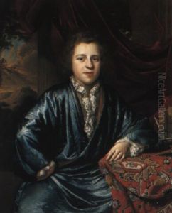 Portrait Of A Gentleman At A Desk, A Rocky Landscape Beyond