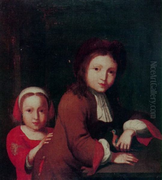 An Interior Scene With A Young Girl And Boy Holding A Bird - view 1