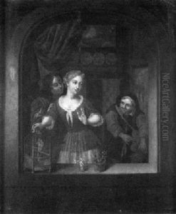 Ein Junger Mann Nahert Sich Einer Dame Am Fenster by Jan Van Mieris