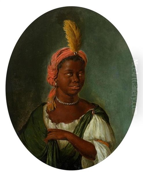 Portrait Of A Young African Woman With Pearl Necklace And Feather Turban - view 1