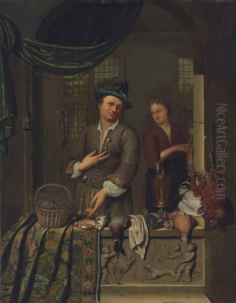 A Poultry Seller And His Wife At A Casement, With Eggs In A Wicker Basket, A Mallard Duck And Other Birds On A Partially Draped Stone Ledge Sculpted With Playing Putti - view 1