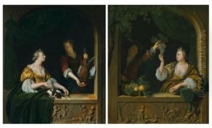 A Poultry Seller And A Gentleman Offering A Lady A Bunch Of Grapes (pair) by Willem Van Mieris Leiden