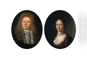 Portrait Of A Gentleman, Bust-length, In A Black Costume With A White Lace Jabot (+ Portrait Of A Lady, Bust-length, In A Yellow Dress With A Blue Wrap, A Pearl Necklace And Pearl Strings In Her Hair; Pair) by Willem Van Mieris Leiden