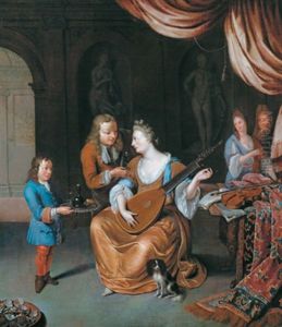 Eine Elegante Junge Frau Mit Ihrem Schoshund Beim Musizieren Erhalt Von Ihrem Verehrer Eine Erfrischung Angeboten