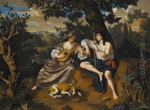 An Arcadian Landscape With A Shepherd Holding A Flute, Listening To A Shepherdess Playing A Cittern, A Dog Lying At Their Feet
