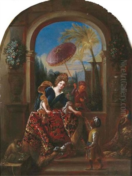 An Elegant Lady At A Casement, With A Moorish Servant Holding A Tethered Dog And Another Servant Boy Holding An Umbrella, With A Monkey And A Peacock - view 1