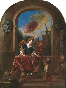 An Elegant Lady At A Casement, With A Moorish Servant Holding A Tethered Dog And Another Servant Boy Holding An Umbrella, With A Monkey And A Peacock