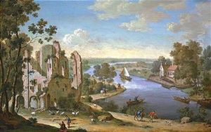 Flusslandschaft Mit Booten Und Einer Ruine