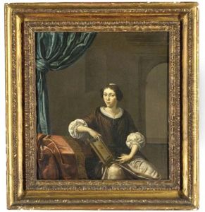 Portrait Of A Lady, Seated, Three-quarter-length, At A Table With Needlework, Beneath A Canopy Of Blue Satin