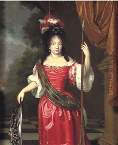 Portrait Of A Lady, Three-quarter-length, As Minerva In A Red Satin Dress Beneath A Canopy, A Landscape Beyond