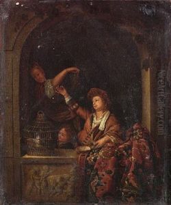 A Youth Blowing Bubbles At A Draped Ledge, With A Woman Holding Grapes, And A Child Looking At A Caged Bird A Youth Blowing Bubbles At A Draped Ledge, With A Woman Holding Grapes, And A Child Looking At A Caged Bird