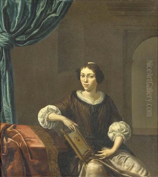 Portrait Of A Lady, Seated, Three-quarter-length, At A Table With Needlework, Beneath A Canopy Of Blue Satin - view 1