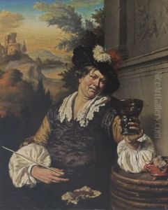 A Man Seated Holding A Berkemeier And A Pipe In His Hands, A Tobacco Pouch In His Lap, With A View Of An Extensive River Landscape Beyond