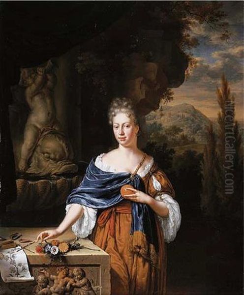 Portrait Of Dina Margareta De Bye Holding An Orange, With Flowers And A Watercolour On A Sculpted Ledge - view 1