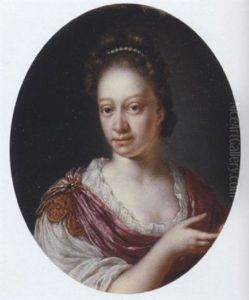Portrait Of A Lady In A White Gown And A Fuchsia Shawl Held Together With A Gold Clasp Set With A Stone, Pearls In Her Hair