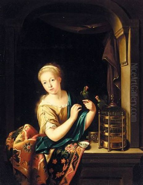 A Young Girl At A Window Holding A Parrot - view 1