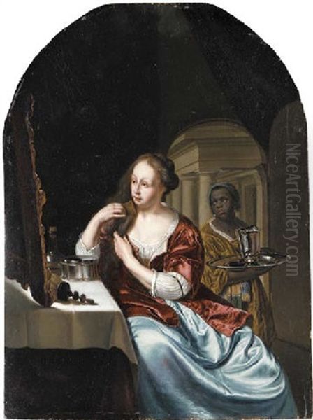 A Woman At Her Toilet With An Attendant - view 1