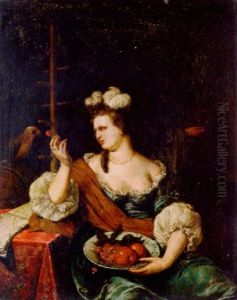 Woman Seated With A Bowl Of Fruit On Her Lap, Feding A Cherry To A Parrot by Willem Van Mieris Leiden