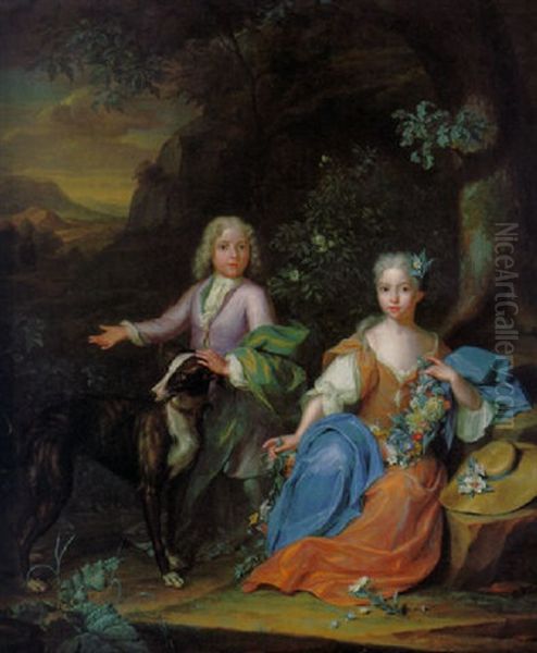 Portrait Of A Boy And A Girl With A Greyhound In A Wooded Landscape - view 1