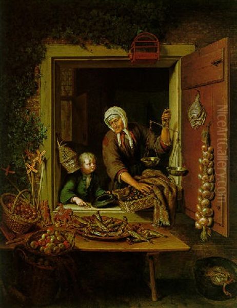 A Boy Buying Chestnusts From An Old Woman At A Shop Window, With Fish, Apples, And Other Vegetables On Plates And In Baskets - view 1