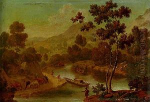 A Hilly River Landscape With Drovers On A Path