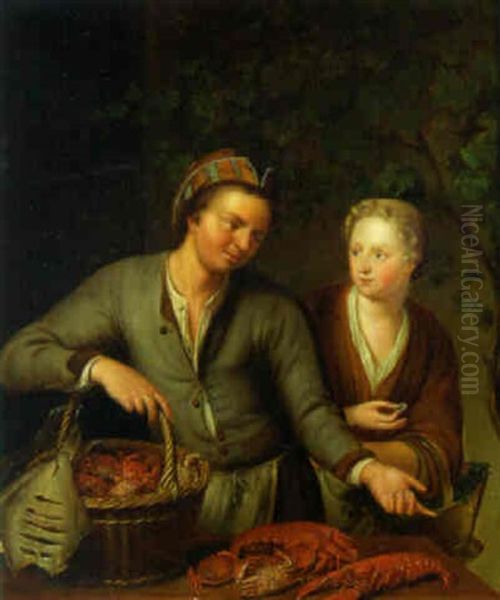 A Woman Buying Lobsters From A Fishmonger - view 1