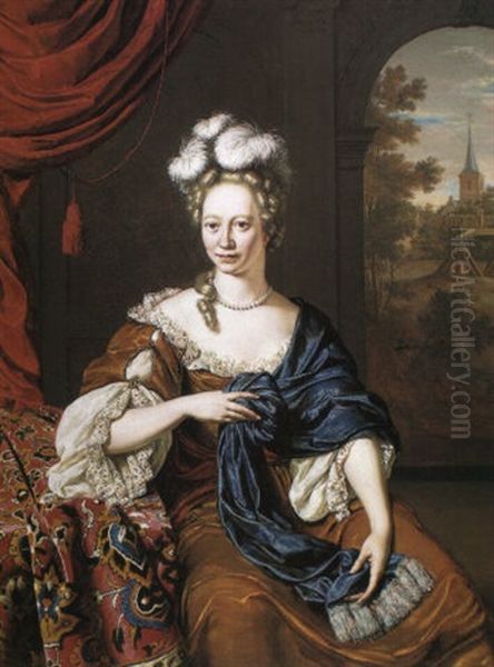 Portrait Of A Lady With Feathers In Her Hair Leaning On A Table - view 1