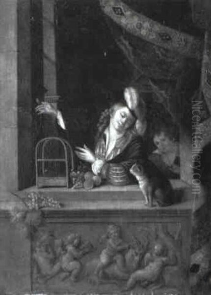 A Youth, With A Bird Perched On His Finger, At A Draped Niche - view 1
