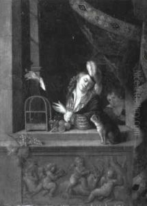 A Youth, With A Bird Perched On His Finger, At A Draped Niche by Willem Van Mieris Leiden