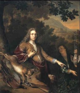 Portrait Of A Sportsman With A Page, Hound And His Catch