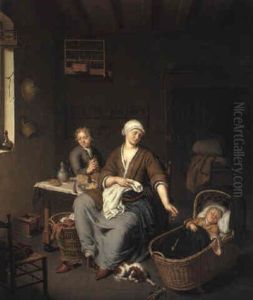 Woman With Two Children In An Interior by Willem Van Mieris Leiden