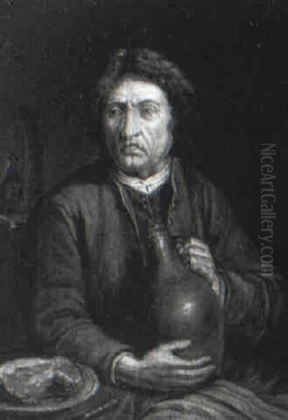 Man In An Interior Holding An Earthenware Jug - view 1